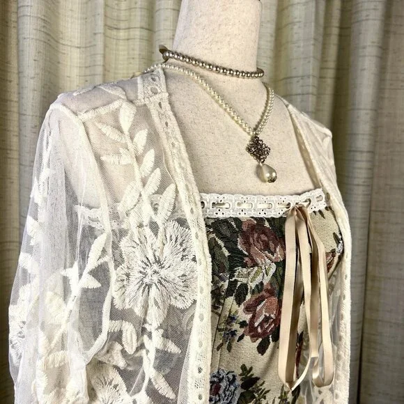 Entro White Sheer Boho Embroidered Lace Kimono Jacket Blouse M Cottagecore - Picture 9 of 15